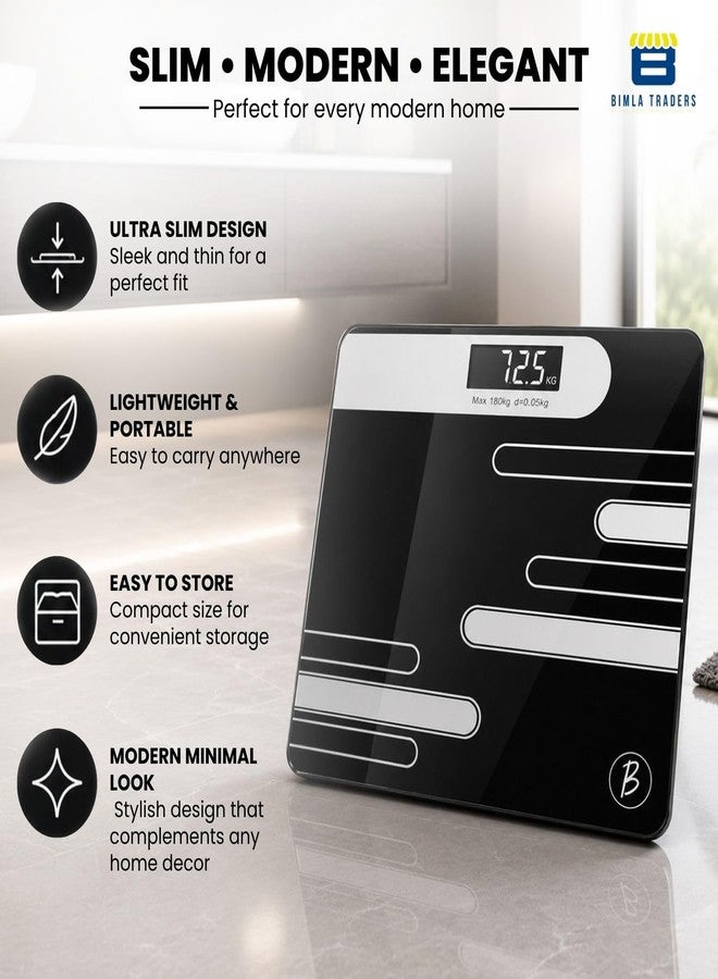 Btag Premium Digital Body Weight Scale | 26×26 cm Wide Platform | Clear LCD Display | Anti-Skid Base | 180 kg Capacity Abstract Design (Black) - Image 5