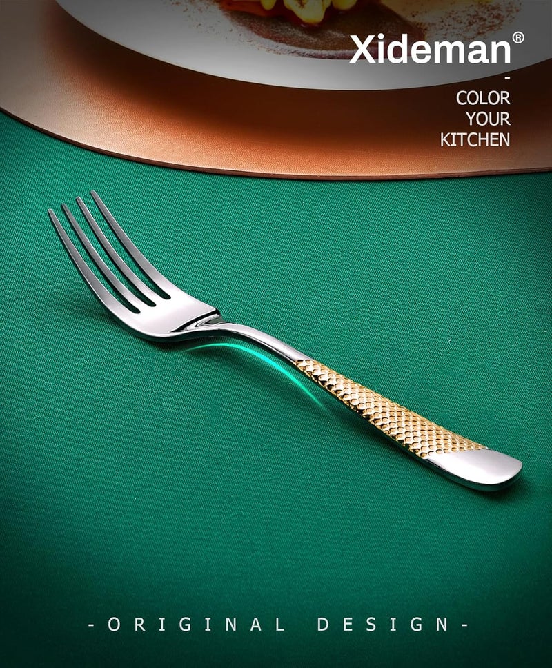 Xideman ® 12-Piece Premium Hammered Salad Forks Set (6.7 inch), 18/10 Stainless Steel Forks Silverware, Mirror Polished Dessert Forks for Home, Kitchen, Restaurant, Dishwasher Safe (Silver Gold) - Image 3