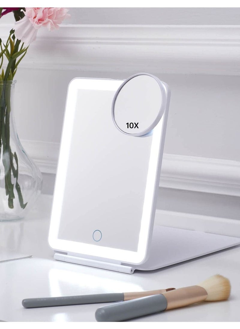 Y&D LED Foldable Travel Makeup Mirror - 5x7 inches 3 Colors Light Modes USB Rechargeable Touch Screen, Portable Tabletop Cosmetic Perfect for Travel, & Beauty Needs, Office (White)  - Image 1