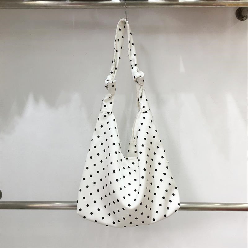 This Seasons Japanese and Korean Artistic Wave Dot Womens Bag Small Fresh Floral Girls Shoulder Bag Homemade Tie Tape Tote Bag White