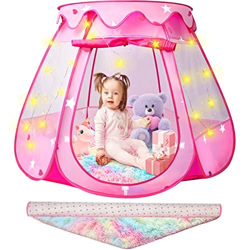 DISHIO Princess Castle Girls Play Tent with Rainbow Rug Star Lights Pop Up Play Tent for Toddlers Kids DISHIO Playhouse Toys for 123 Years Birthday Gifts Fairy Girls Tent with Mat Indoor Outdoor Kids Play - Image 1