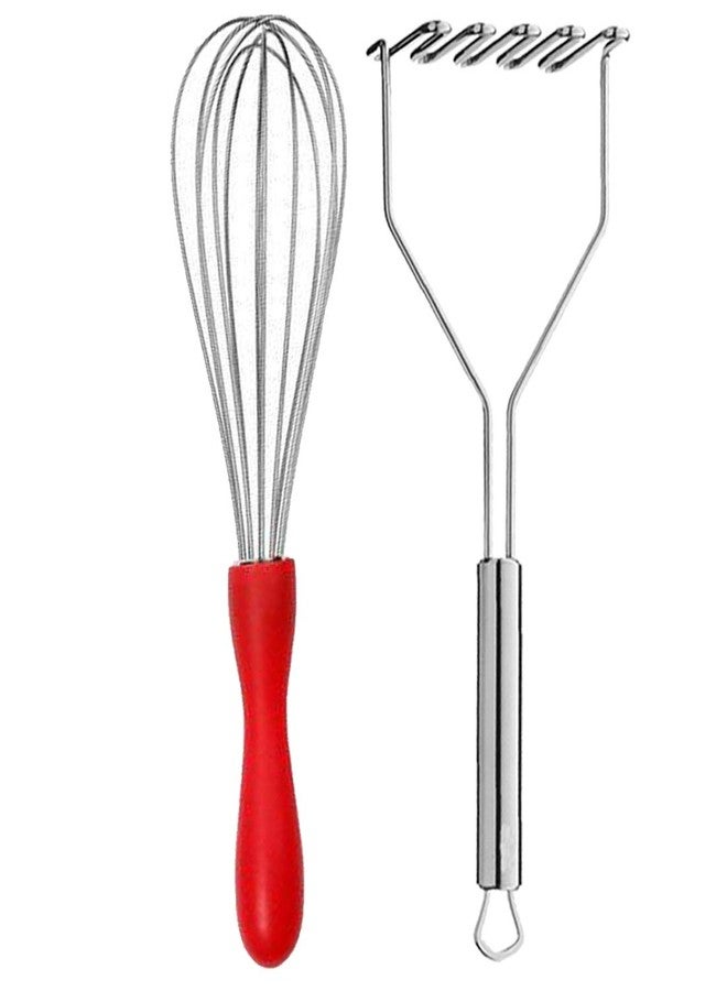 JISUN Stainless Steel Egg Whisk/Egg Beater & Potato Masher Silver Kitchen Tool Set (Design 26) - Image 1