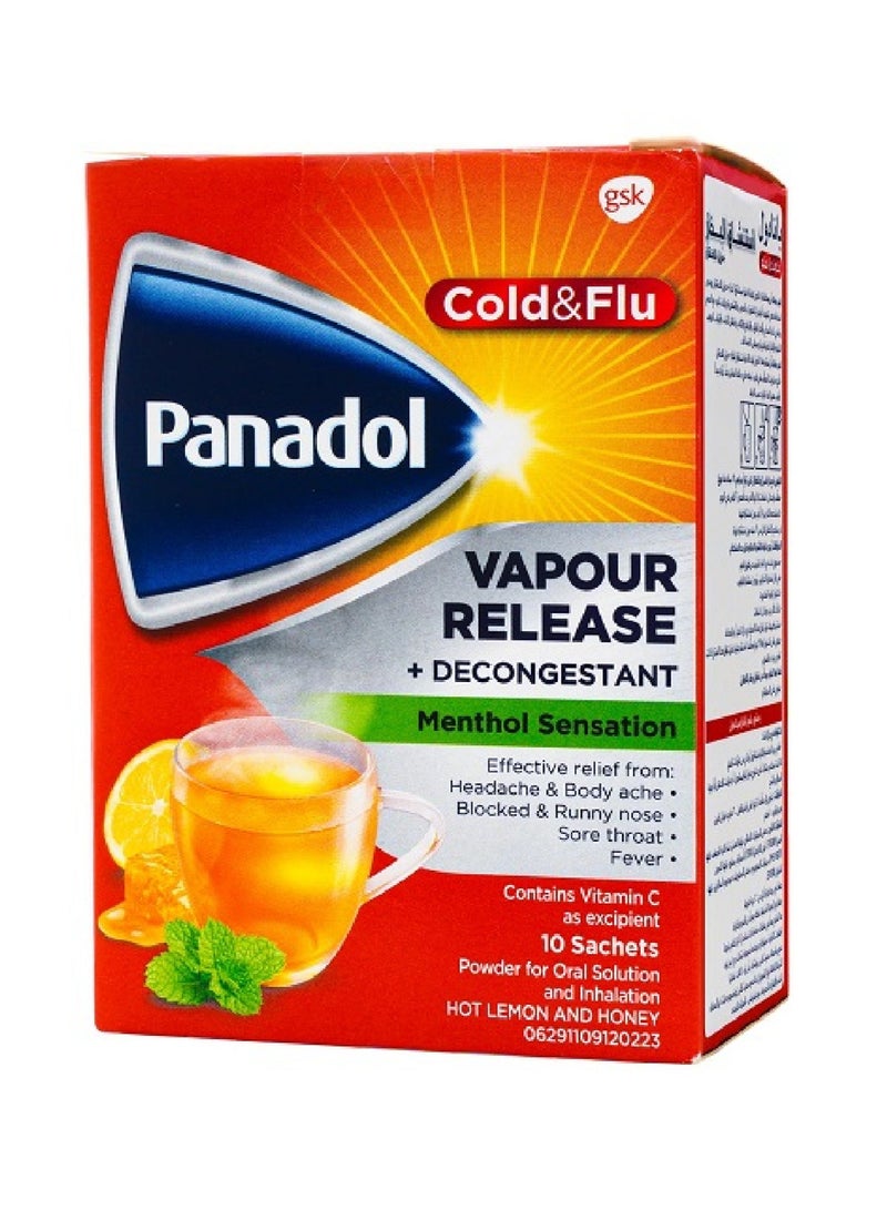 Panadol إطلاق بخار البرد والإنفلونزا بالليمون والعسل، 10 أكياس