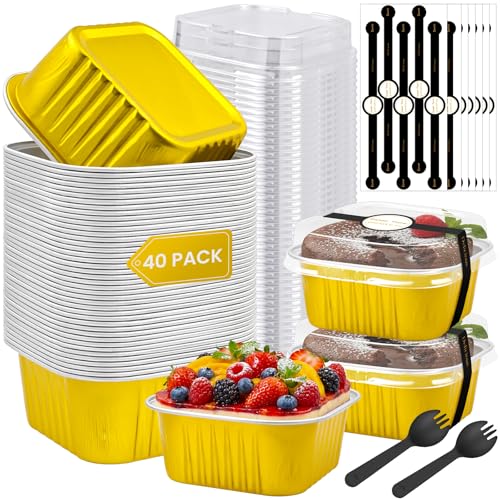 JIURUN 40Pack 5oz Mini Cake Pans with Lids, Spoons & Stickers, Square Aluminum Foil Baking Cups, Disposable Heat-Resistant Muffin Liners for Cupcake Baking Party Home Kitchen, Gold. - Image 1