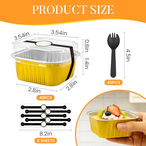 JIURUN 40Pack 5oz Mini Cake Pans with Lids, Spoons & Stickers, Square Aluminum Foil Baking Cups, Disposable Heat-Resistant Muffin Liners for Cupcake Baking Party Home Kitchen, Gold. - Image 2