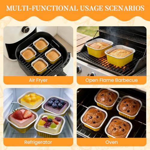 JIURUN 40Pack 5oz Mini Cake Pans with Lids, Spoons & Stickers, Square Aluminum Foil Baking Cups, Disposable Heat-Resistant Muffin Liners for Cupcake Baking Party Home Kitchen, Gold. - Image 3