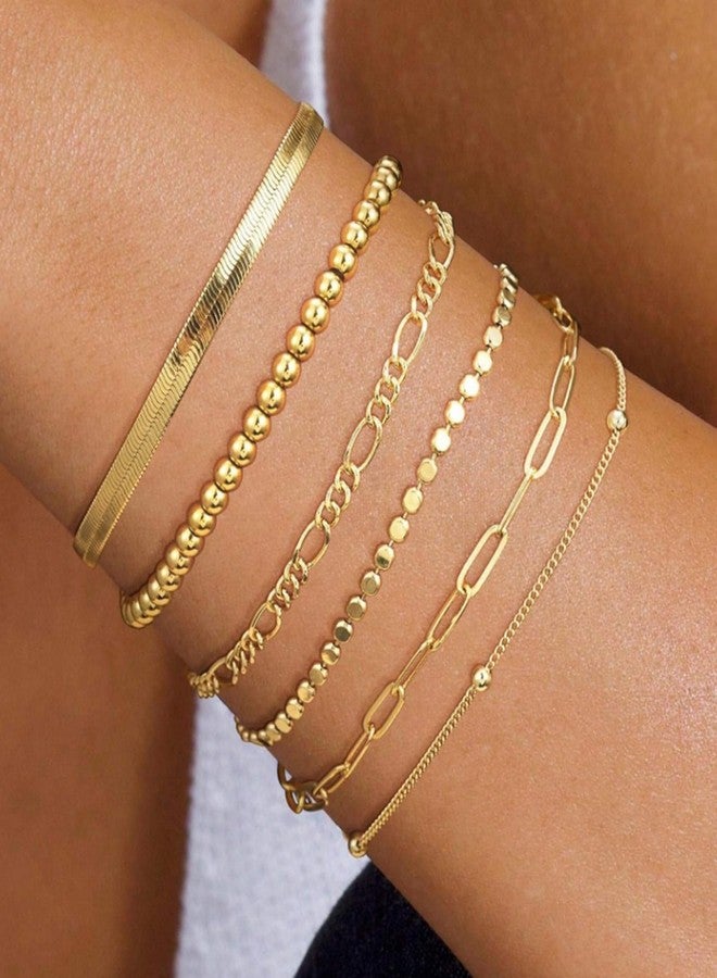 QWALIT Gold Bracelets for Women Trendy Thin Dainty Stackable Cuban Link Paperclip Chain Bracelet Pack Fashion Accessories for Womens 14K Gold Plated Bracelet Stack Set Adjustable 6pcs - Image 3