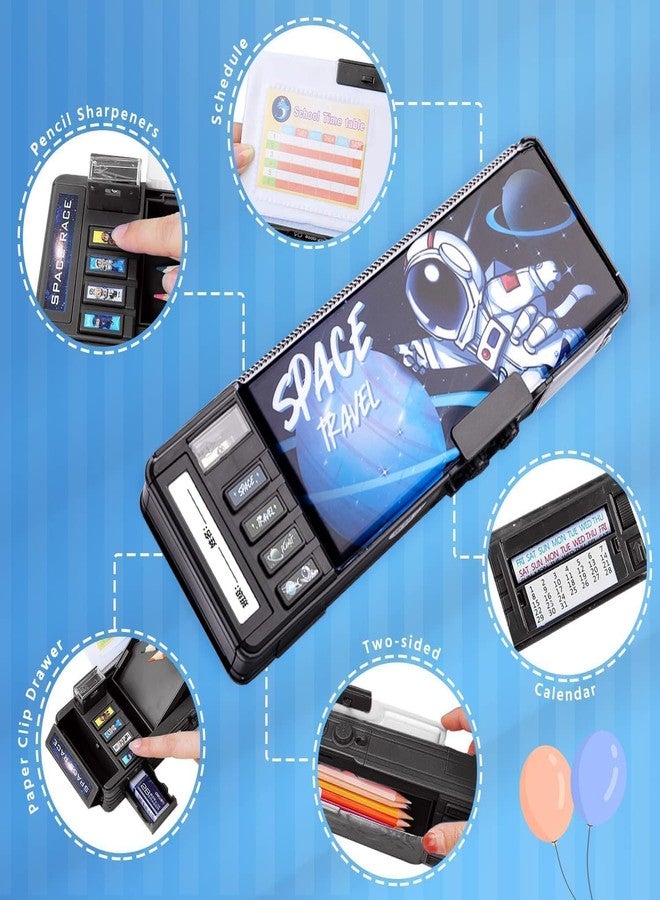 Ranjkri Password Lock School Students Pencil Box with Inbuilt Sharpener, Cute Cartoon Stationary Compass for Boys, Geometry Case for Kids Girls, Best for Gifts (Password Space Travel Black) - Image 2