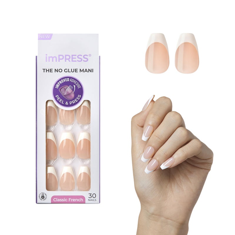 Impress KISS imPRESS No Glue Mani Press On Nails, French, 'Ideal', White, Medium Size, Coffin Shape, Includes 30 Nails, Prep Pad, Instructions Sheet, 1 Manicure Stick, 1 Mini File - Image 1