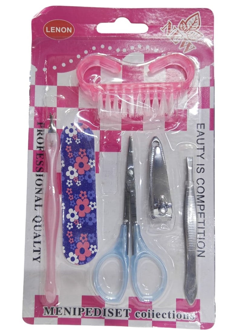 A 6-in-1 pedicure kit for cleaning hands and removing dead skin, consisting of 6 parts (eyebrow tweezers - brush - dead skin removal piece - nippers - scissors - nippers - sandpaper - Image 1