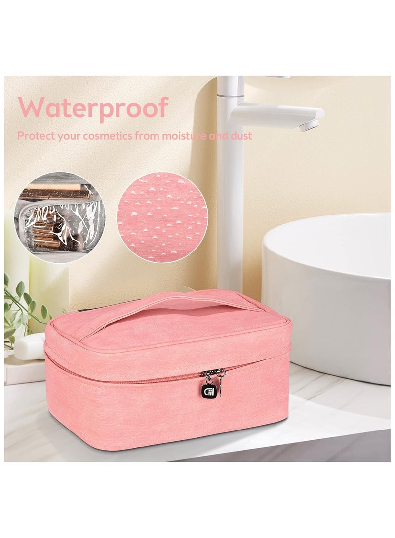 سوفام كيس مكياج، حقيبتان في حقيبة تجميلية محمولة، منظم علبة مكياج السفر كبير السعة، كيس مكياج للنساء كحقيبة مرحاض للفتيات المسافرات بمقبض وقاسم (وردي) - Image 4