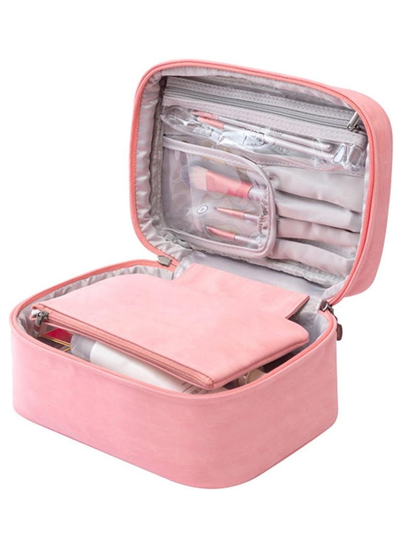 سوفام كيس مكياج، حقيبتان في حقيبة تجميلية محمولة، منظم علبة مكياج السفر كبير السعة، كيس مكياج للنساء كحقيبة مرحاض للفتيات المسافرات بمقبض وقاسم (وردي) - Image 1