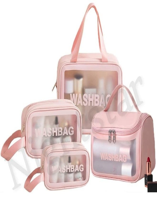 Nightstar Multipurpose Clear PVC Zipper Cosmetic Travel Wash Bag Toiletry Makeup Organizer Portable Carry Bag Pouch for Women Girls (Pack of 4) (Pink) - Image 2