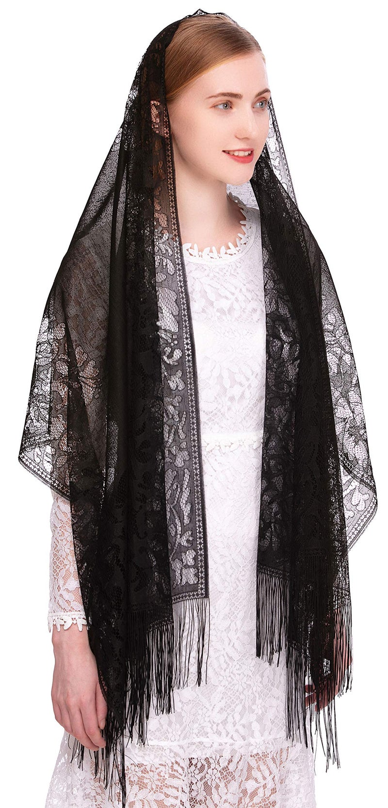 PAMOR Chapel Veil Scarf Mantilla Veils Rectangular Wrap Shawl Mass Head Covering with Fringe Trim (Black) - Image 1