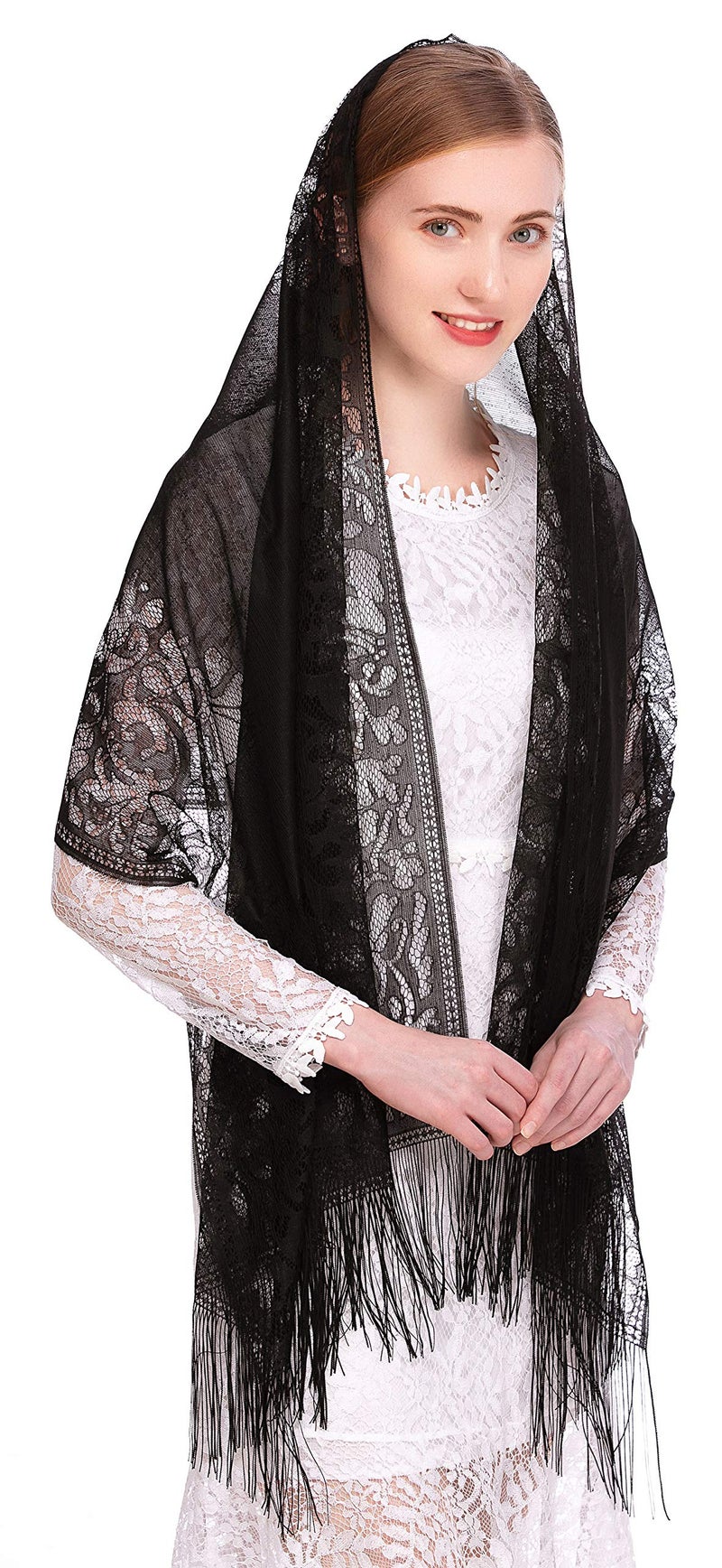 PAMOR Chapel Veil Scarf Mantilla Veils Rectangular Wrap Shawl Mass Head Covering with Fringe Trim (Black) - Image 4