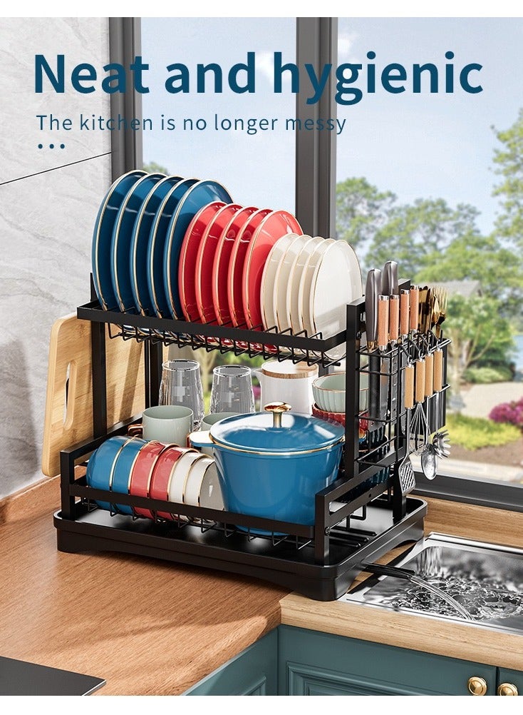 Foldable 2 Tiers Dish Drying Stand With Rotatable Drainage System Scratch Resistant Frosted Baking Process Coatings Black  - Image 1