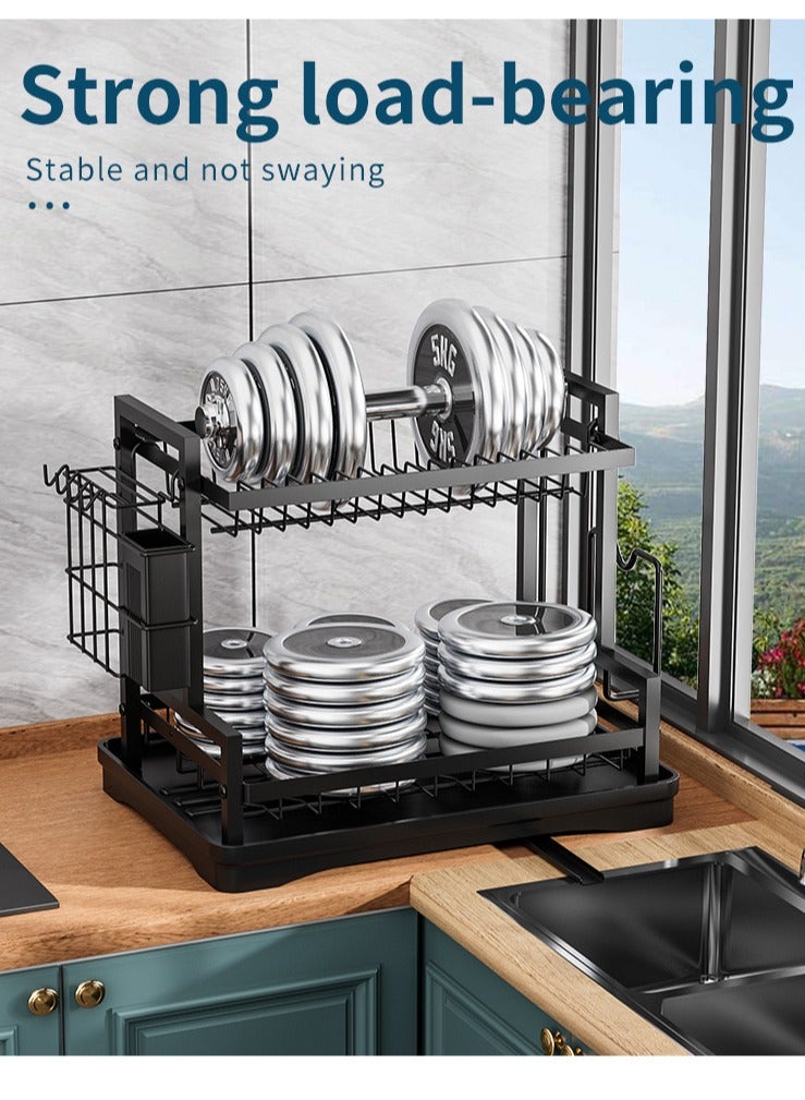 Foldable 2 Tiers Dish Drying Stand With Rotatable Drainage System Scratch Resistant Frosted Baking Process Coatings Black  - Image 2