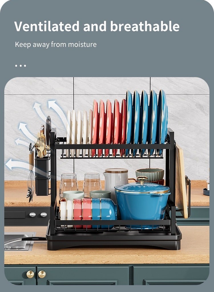 Foldable 2 Tiers Dish Drying Stand With Rotatable Drainage System Scratch Resistant Frosted Baking Process Coatings Black  - Image 3
