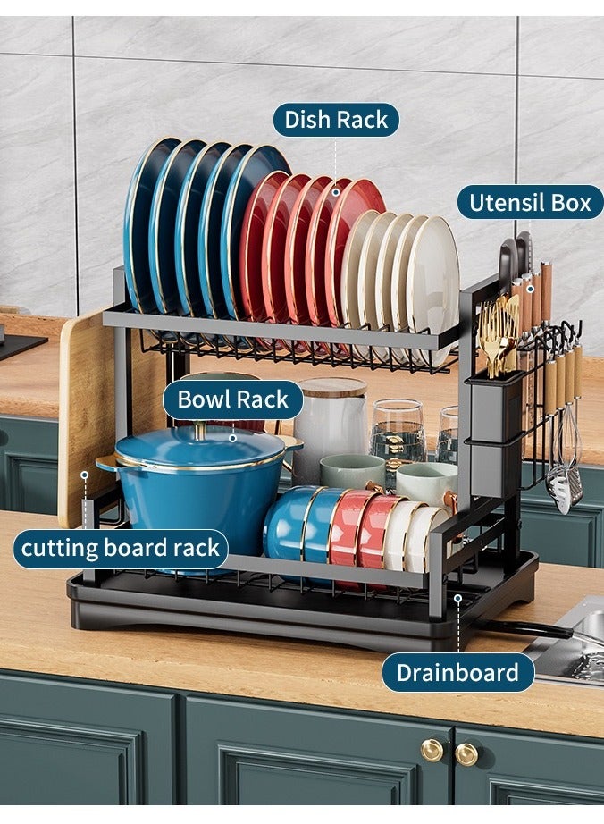 Foldable 2 Tiers Dish Drying Stand With Rotatable Drainage System Scratch Resistant Frosted Baking Process Coatings Black  - Image 4