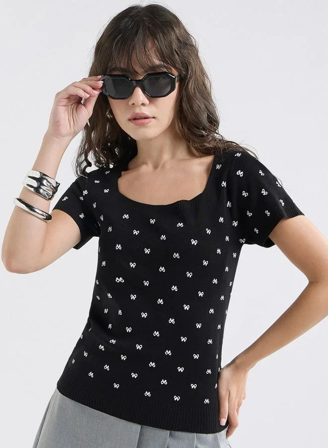 Splash FAV Textured Square Neck T-shirt with Short Sleeves