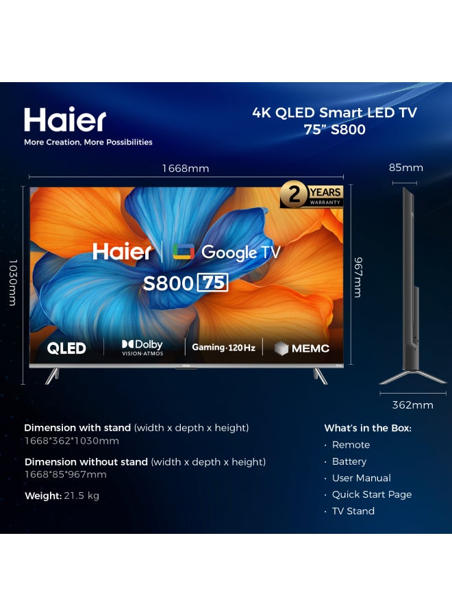 75 Inch LED 4K UHD Smart Google TV | Dolby Vision & Atmos | 120Hz Gaming Accelerator | MEMC Processor | HDR 10 | VRR | Premium Metallic Bezel-less Design - H75S800UX Black
