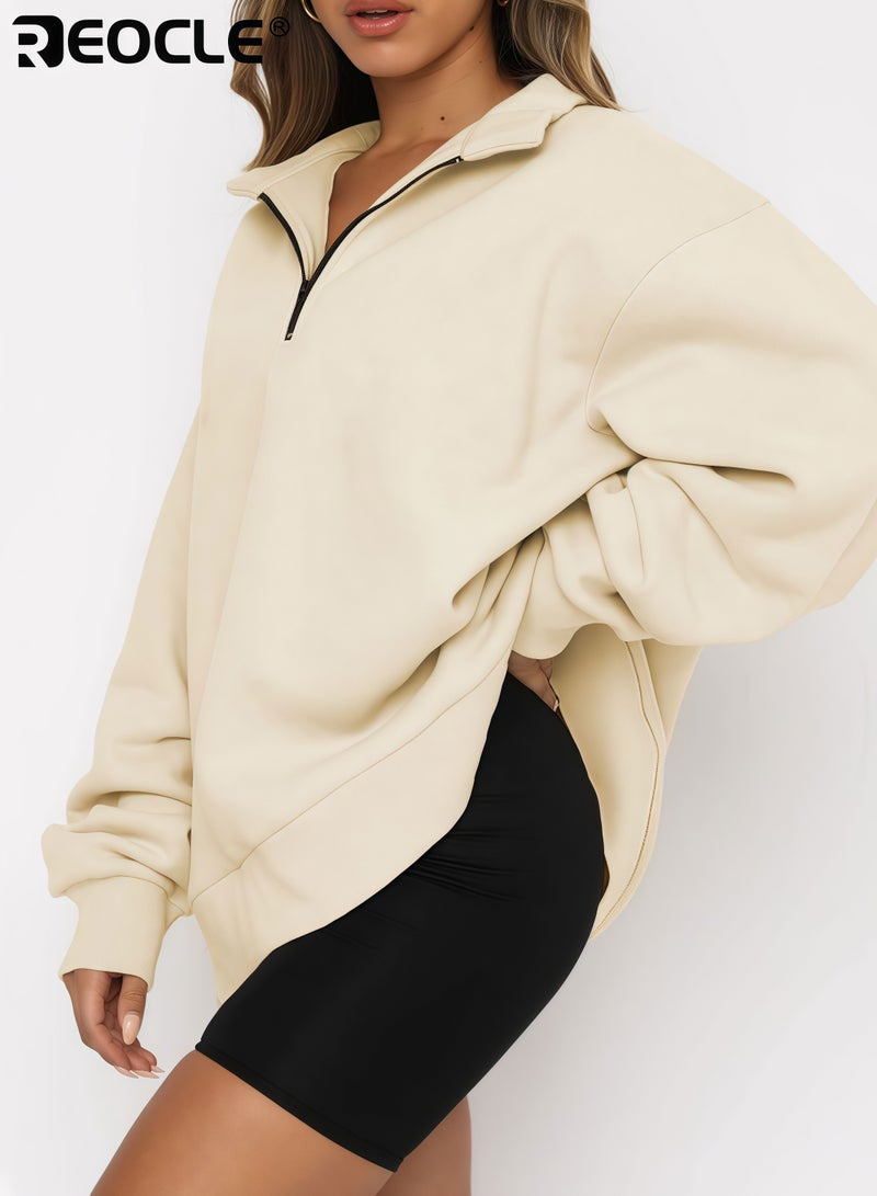 ريوكل سويت شيرت نسائي واسع مع سستة نصفية وتصميم بأكمام طويلة، سترة عصرية بميزة capuche للراحة غير الرسمية في الخريف - Image 2