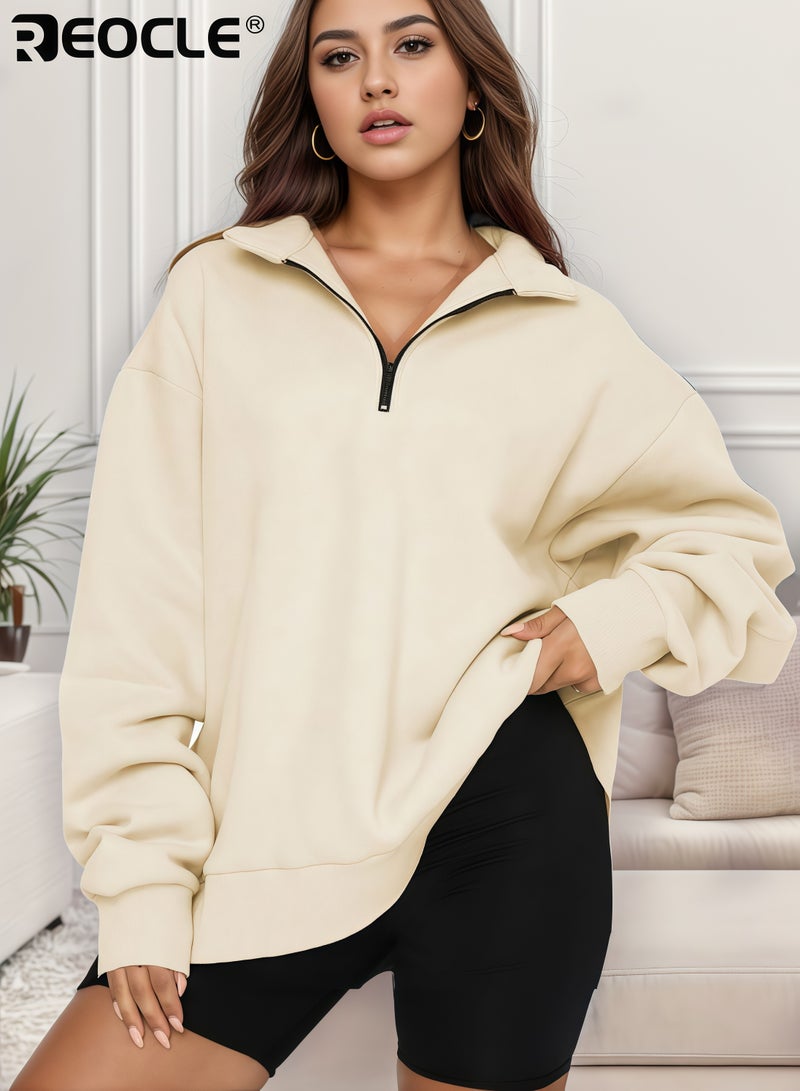 ريوكل سويت شيرت نسائي واسع مع سستة نصفية وتصميم بأكمام طويلة، سترة عصرية بميزة capuche للراحة غير الرسمية في الخريف - Image 4