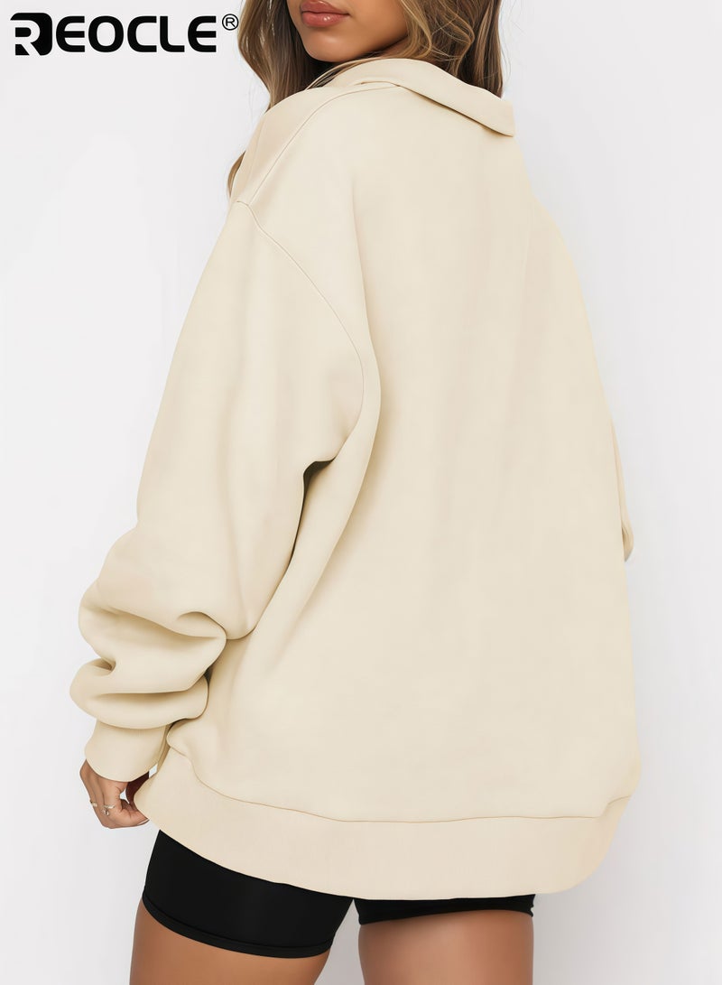 ريوكل سويت شيرت نسائي واسع مع سستة نصفية وتصميم بأكمام طويلة، سترة عصرية بميزة capuche للراحة غير الرسمية في الخريف - Image 3