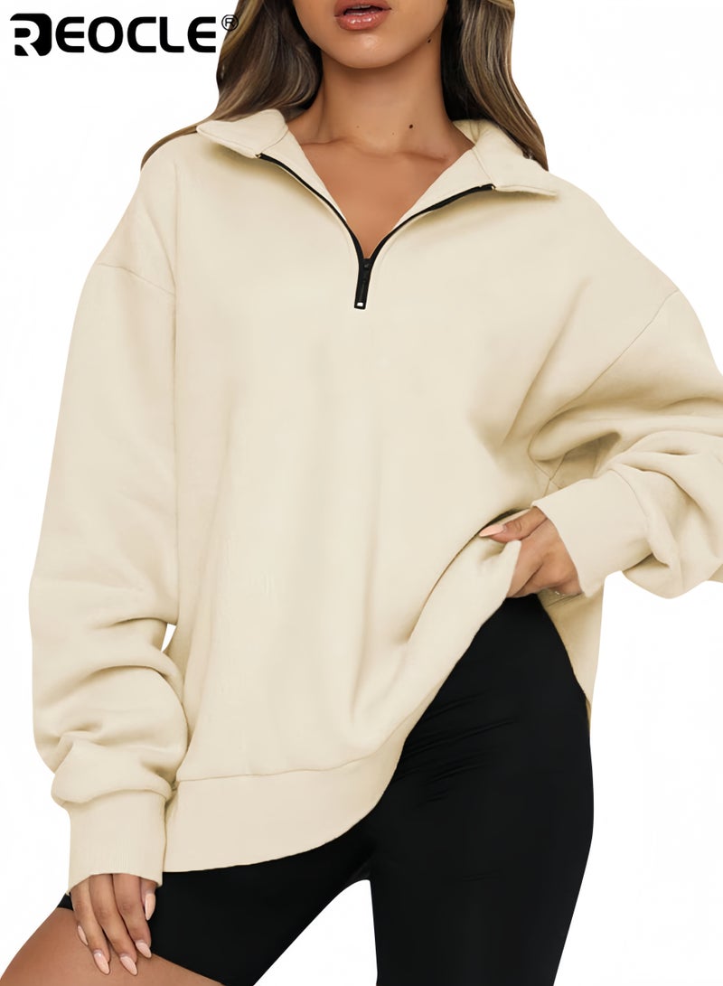 ريوكل سويت شيرت نسائي واسع مع سستة نصفية وتصميم بأكمام طويلة، سترة عصرية بميزة capuche للراحة غير الرسمية في الخريف - Image 1