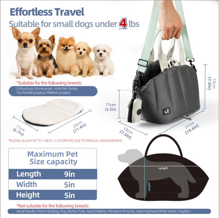 Sytopia Small Dog Carrier Purse, Portable Pet Carrier Tote Carrier with Pockets, Adjustable Safety Leash, Waterproof Dog Travel Bag, Travel Pets Purse up to 4 Lbs, Dark Grey - Image 5