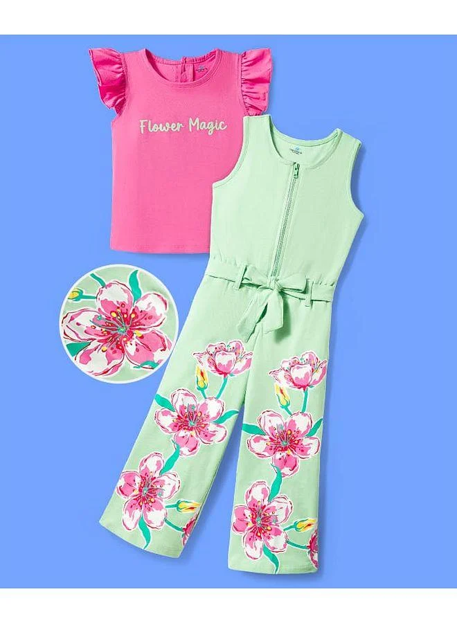 Ollington St. Ollington St. Sinker Knitted Dungaree & T-Shirt with Text & Floral Print - Pink & Green
