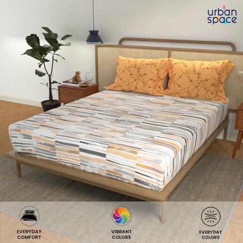 Urban Space 144 TC Divine 100% Cotton Bedsheet for Double Bed with 2 Pillow Covers, Queen Bedsheet (Size 90 x 100 inches, Stripes Mustard) - Image 4