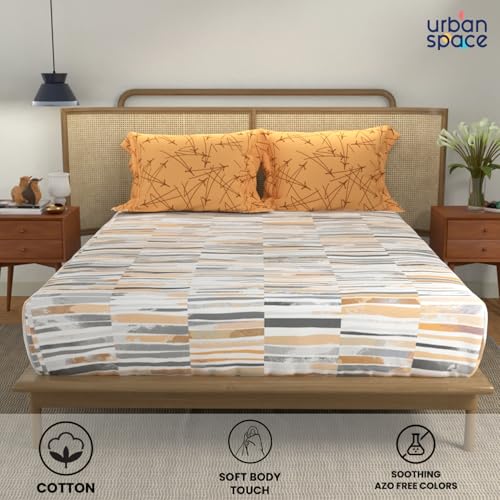 Urban Space 144 TC Divine 100% Cotton Bedsheet for Double Bed with 2 Pillow Covers, Queen Bedsheet (Size 90 x 100 inches, Stripes Mustard) - Image 2