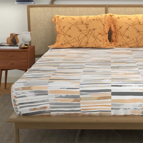 Urban Space 144 TC Divine 100% Cotton Bedsheet for Double Bed with 2 Pillow Covers, Queen Bedsheet (Size 90 x 100 inches, Stripes Mustard) - Image 1