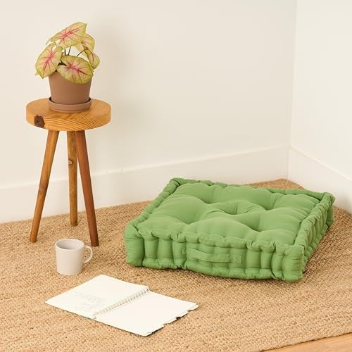 SKANDA FAB Premium Hand-Plotted Cotton Reversible 60 x 60 x 12 CM | Floor Cushion | Floor Cushions Solid Green (Pack of 1) - Image 1