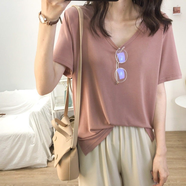 2022 solid color split short sleeve womens T-shirt ins foreign style V-neck Jacket Womens new summer Net red slim a generation of hair White  - Image 3