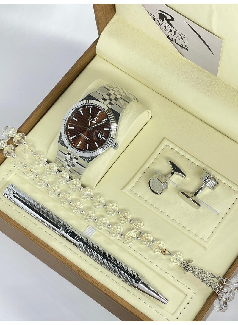 ريفولي طقم رجالي من الستانلس ستيل يتكون من ساعة وسبحة وقلم وازرار اكمام - Image 1