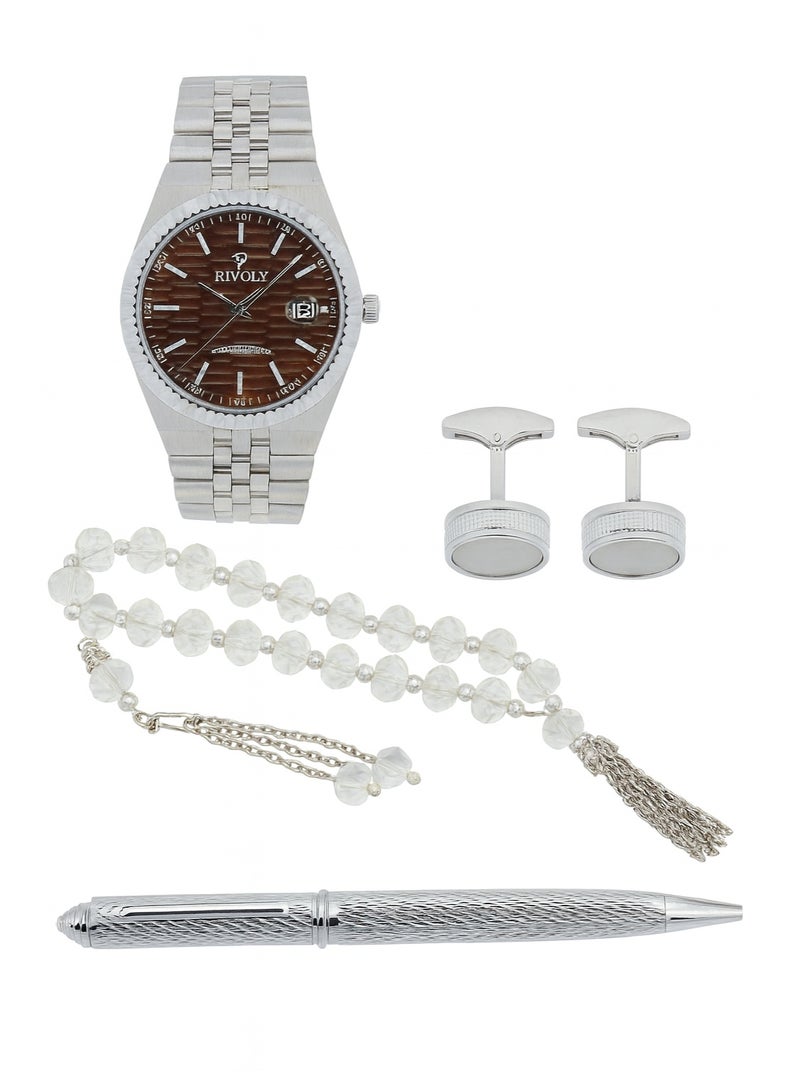 ريفولي طقم رجالي من الستانلس ستيل يتكون من ساعة وسبحة وقلم وازرار اكمام - Image 2