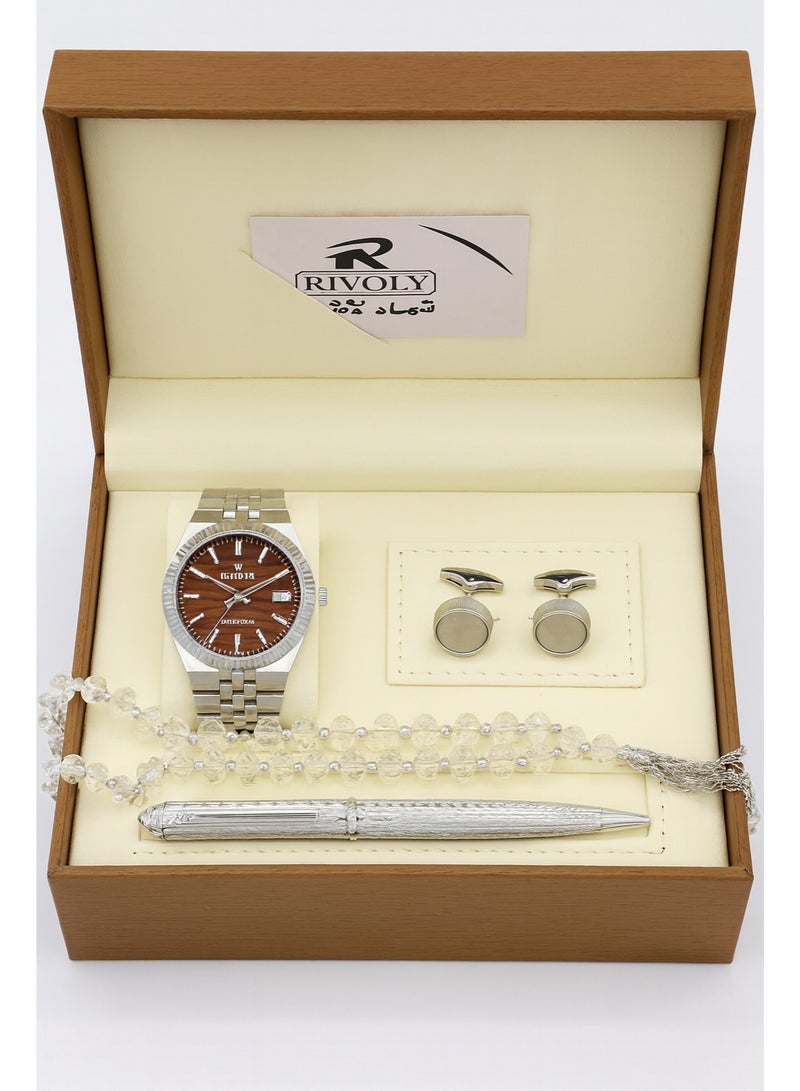 ريفولي طقم رجالي من الستانلس ستيل يتكون من ساعة وسبحة وقلم وازرار اكمام - Image 3