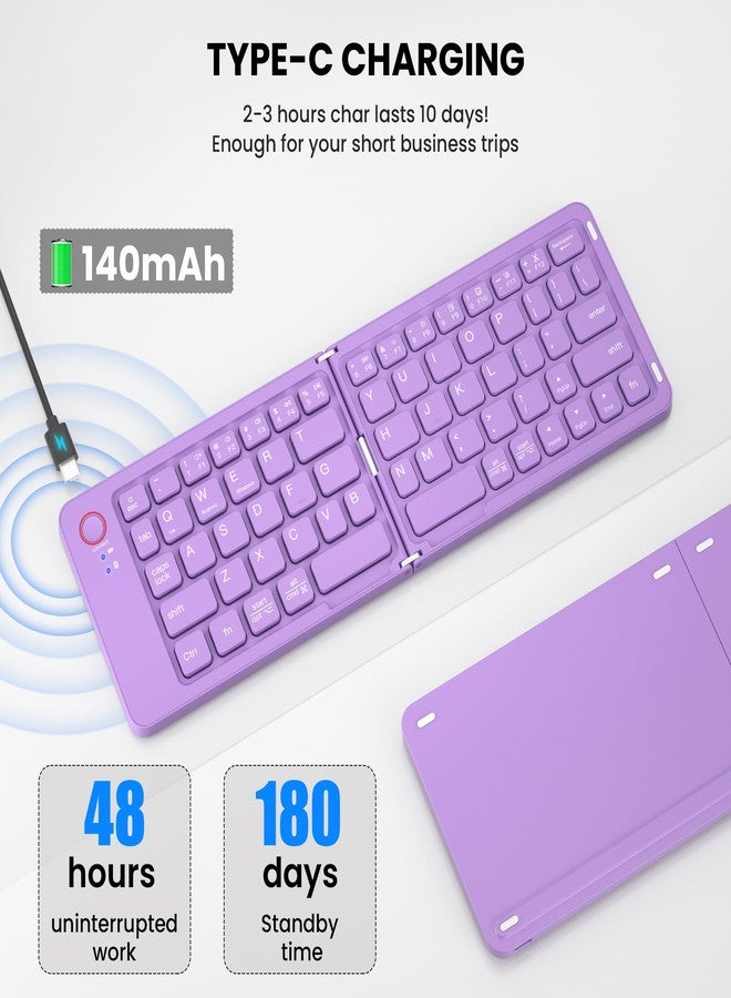 JPHTEK Mini Foldable Bluetooth Keyboard - Portable Wireless Full Size Keyboard (Sync Up to 3 Devices), Ultra-Slim Aluminum Travel Folding Keyboard for iPhone iPad Mac Android Windows iOS (Purple) - Image 3