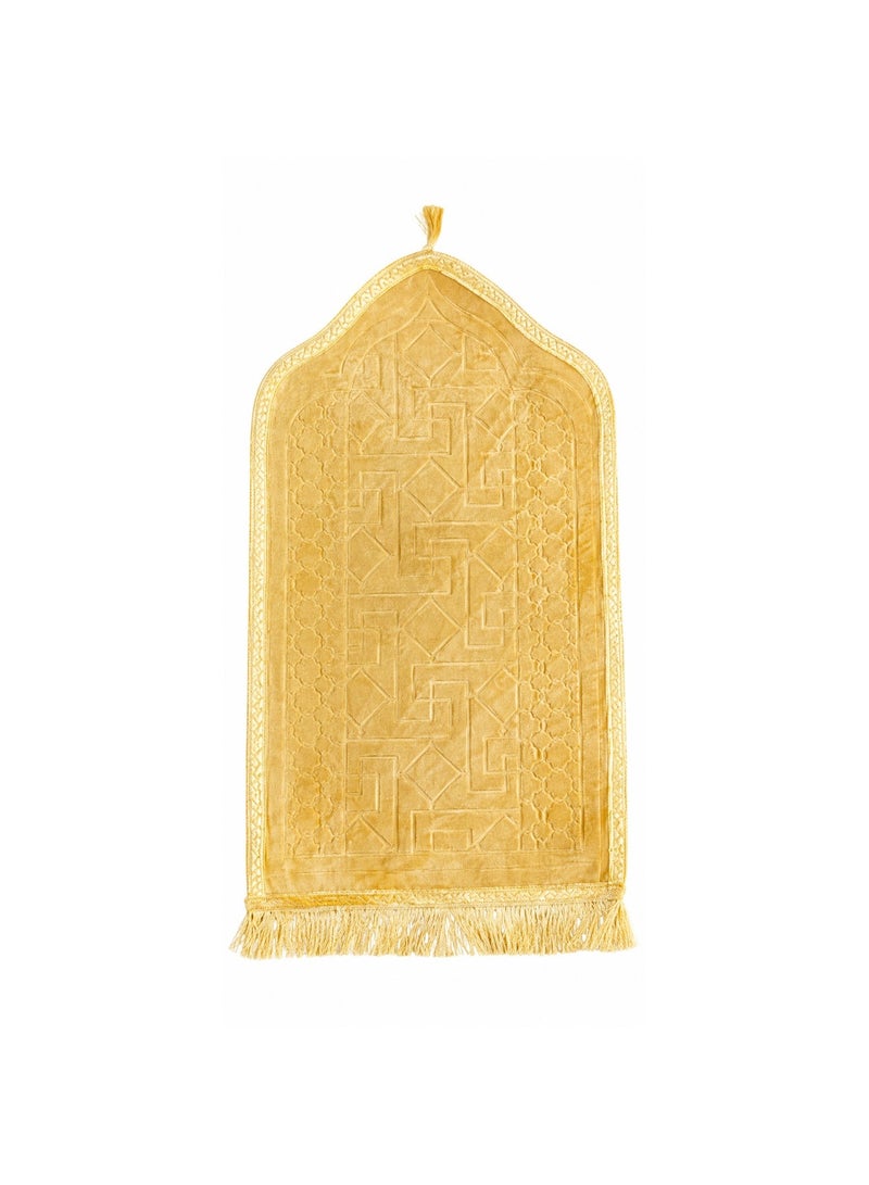 لاكوز سجادة صلاة إسلامية للأطفال - سجادة صلاة إسلامية مخملية ناعمة بتصميم محراب وشرابة زخرفية، سجادة صلاة مريحة 60 × 35 سم ذهبي - Image 1