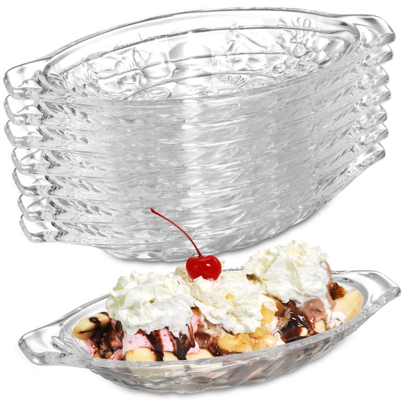 SOUJOY 8 Pack Banana Split Dish Boat 8oz Acrylic Ice Cream Splits Plate Clear Sundae Serving Bowl for Banana Split Ice Cream Fruits Yogurt Brownies Snack