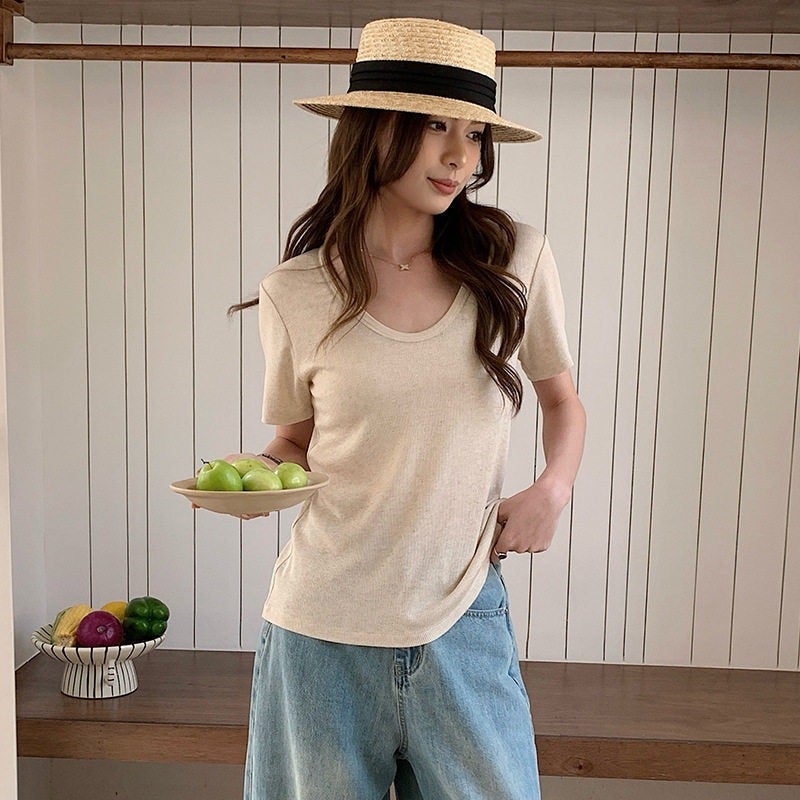 Ingea Tencel Acetate U-Neck قصيرة الأكمام الربيع / الصيف الجديد الكتان التخسيس تي شيرت أساسي متعدد الاستخدامات بارد أعلى للمرأة - Image 3