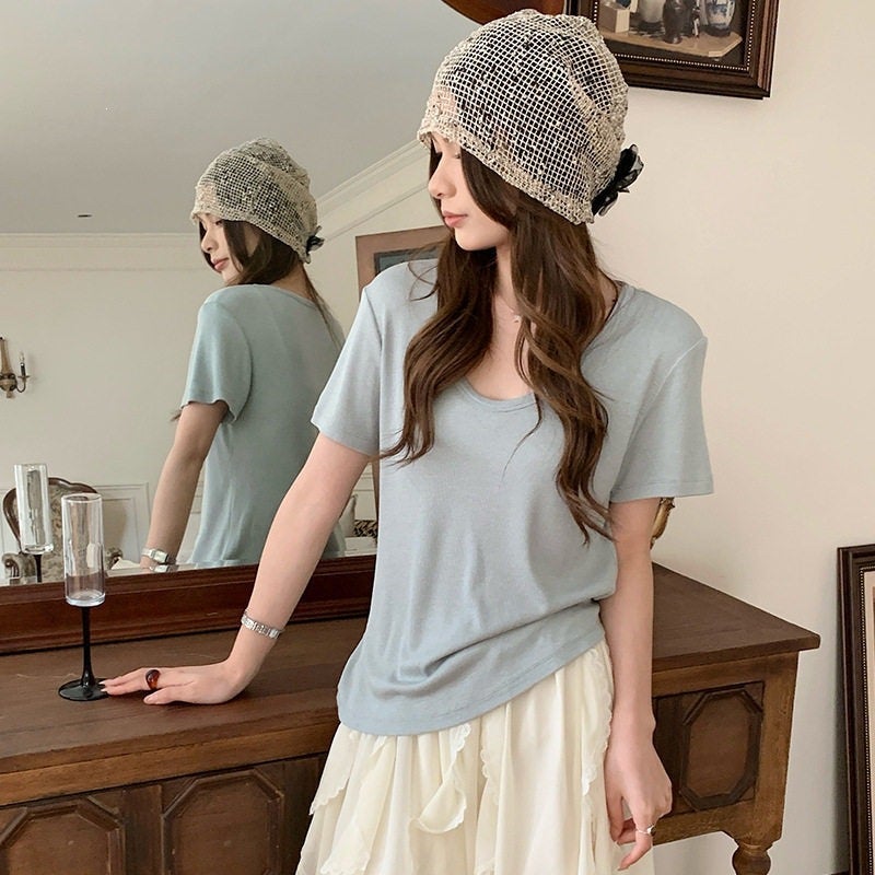 Ingea Tencel Acetate U-Neck قصيرة الأكمام الربيع / الصيف الجديد الكتان التخسيس تي شيرت أساسي متعدد الاستخدامات بارد أعلى للمرأة - Image 4