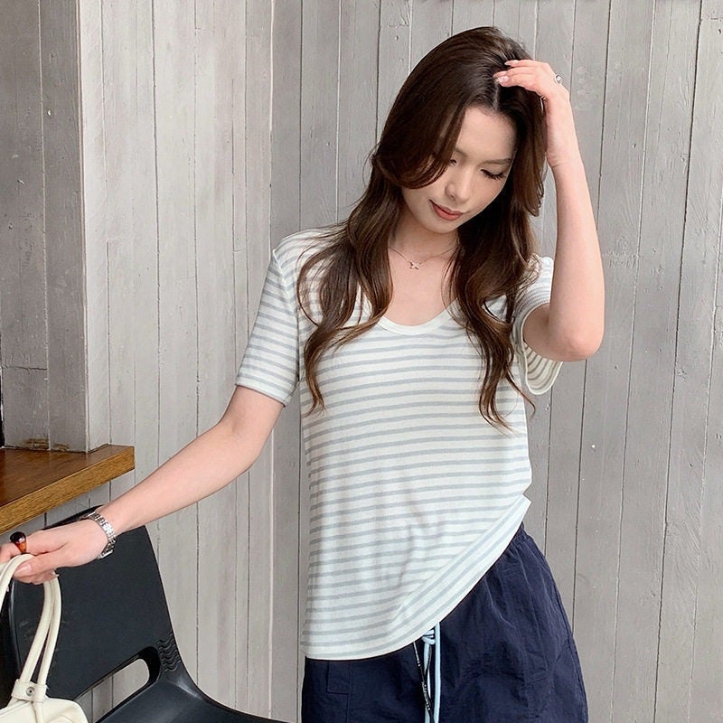 Ingea Tencel Acetate U-Neck قصيرة الأكمام الربيع / الصيف الجديد الكتان التخسيس تي شيرت أساسي متعدد الاستخدامات بارد أعلى للمرأة - Image 2