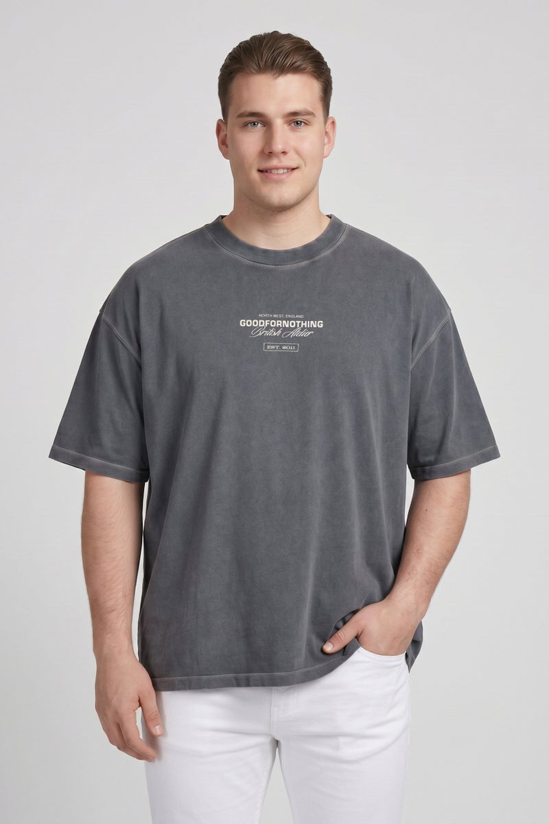 GOOD FOR NOTHING Men Crew Neck Short Sleeve Graphic Print T-Shirt, Washed Grey - Image 1