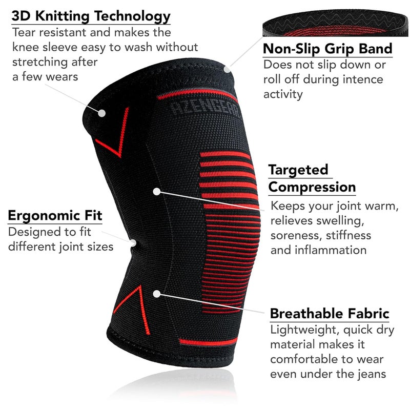 aZengear Knee Support Brace (Pair) - Compression Knee Sleeve for Joint Pain, Ligament Injury, Meniscus Tear, Arthritis, ACL, MCL, Running, Weightlifting, Squats (M) - Image 3