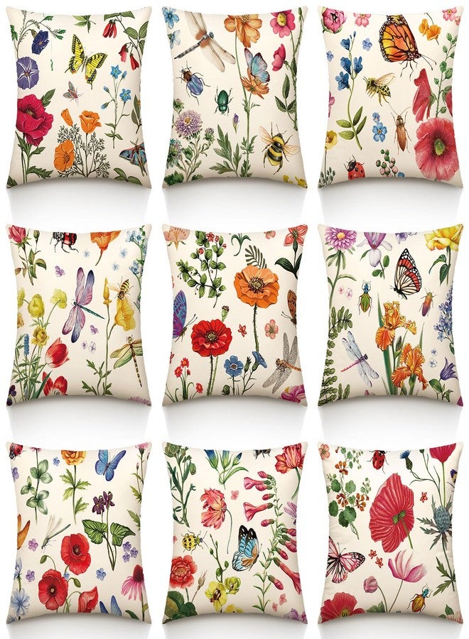 Mindsoft 9 Pcs Outdoor Patio Wildflower Throw Pillow Covers 18 x 18 Summer Garden Floral Pillow Covers Farmhouse Decor for Outside Furniture Bench Chair Decorative - Image 1