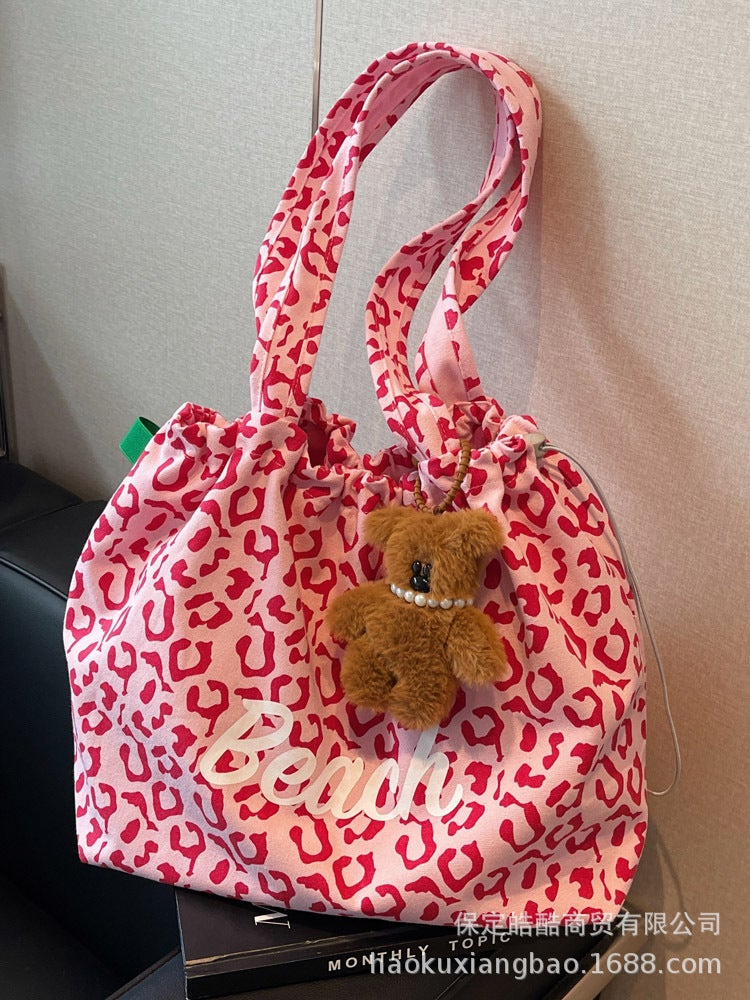 Korean Style Leopard Print Large Capacity Single Shoulder Canvas Bag Lazy Style Female Student Commuter Portable Shopping Bag Outgoing Bag Autumn - Image 5