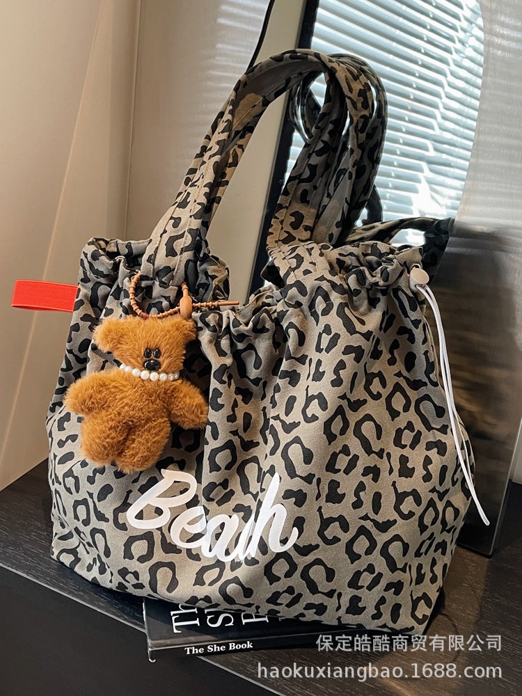 Korean Style Leopard Print Large Capacity Single Shoulder Canvas Bag Lazy Style Female Student Commuter Portable Shopping Bag Outgoing Bag Autumn - Image 4